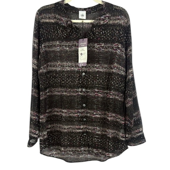 Cabi Crochet Print Black Brown and Cream Buttoned Sheer Paris Blouse Size Large - Picture 1 of 12